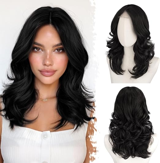 Women's Short Layered Black Wig, Loose Wavy Shoulder-Length Bob with Soft Curtain Bangs, Natural-Looking Synthetic Hair for Daily Use