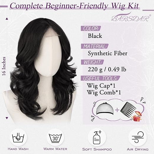 Women's Short Layered Black Wig, Loose Wavy Shoulder-Length Bob with Soft Curtain Bangs, Natural-Looking Synthetic Hair for Daily Use