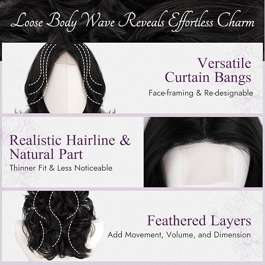 Women's Short Layered Black Wig, Loose Wavy Shoulder-Length Bob with Soft Curtain Bangs, Natural-Looking Synthetic Hair for Daily Use