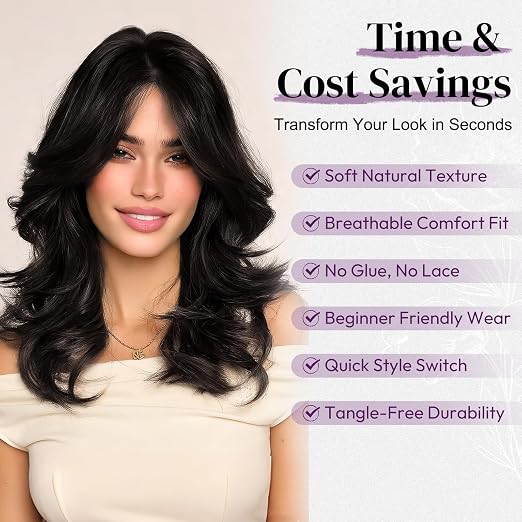 Women's Short Layered Black Wig, Loose Wavy Shoulder-Length Bob with Soft Curtain Bangs, Natural-Looking Synthetic Hair for Daily Use