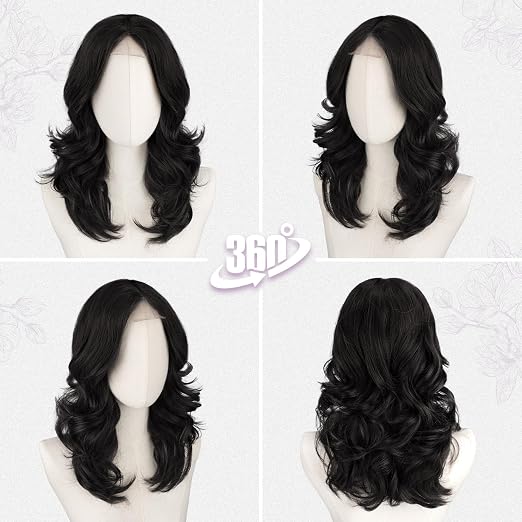 Women's Short Layered Black Wig, Loose Wavy Shoulder-Length Bob with Soft Curtain Bangs, Natural-Looking Synthetic Hair for Daily Use