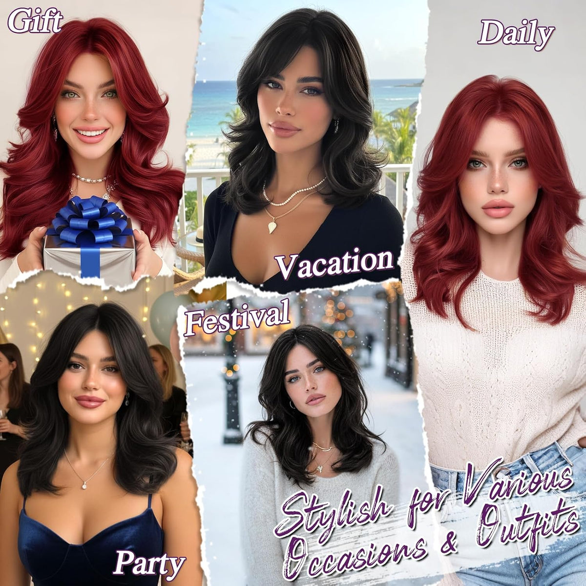 Women's Short Layered Black Wig, Loose Wavy Shoulder-Length Bob with Soft Curtain Bangs, Natural-Looking Synthetic Hair for Daily Use